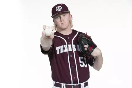 COLLEGE STATION, TX - January 12, 2022 - right hand pitcher Alex Magers #53 of the Texas A&M Aggies during the Texas A&M Aggies 2022 Baseball Photo Day in The Studio in Kyle Field College Station, TX. Photo By Craig Bisacre/Texas A&M Athletics