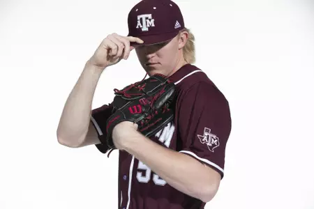 COLLEGE STATION, TX - January 12, 2022 - right hand pitcher Alex Magers #53 of the Texas A&M Aggies during the Texas A&M Aggies 2022 Baseball Photo Day in The Studio in Kyle Field College Station, TX. Photo By Craig Bisacre/Texas A&M Athletics