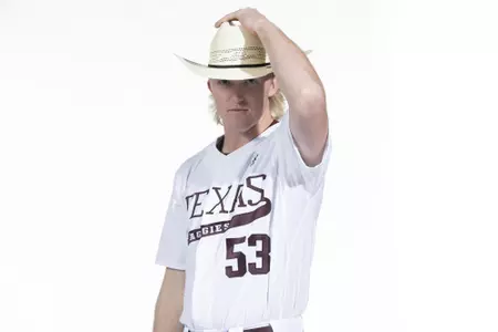COLLEGE STATION, TX - January 12, 2022 - right hand pitcher Alex Magers #53 of the Texas A&M Aggies during the Texas A&M Aggies 2022 Baseball Photo Day in The Studio in Kyle Field College Station, TX. Photo By Craig Bisacre/Texas A&M Athletics