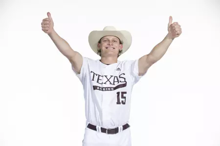 COLLEGE STATION, TX - January 12, 2022 - left hand pitcher Will Johnston #15 of the Texas A&M Aggies during the Texas A&M Aggies 2022 Baseball Photo Day in The Studio in Kyle Field College Station, TX. Photo By Craig Bisacre/Texas A&M Athletics