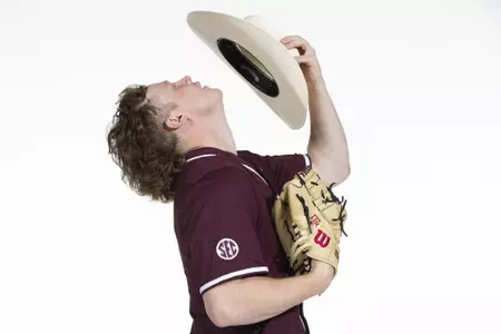 COLLEGE STATION, TX - January 12, 2022 - left hand pitcher Joseph Menefee #6 of the Texas A&M Aggies during the Texas A&M Aggies 2022 Baseball Photo Day in The Studio in Kyle Field College Station, TX. Photo By Craig Bisacre/Texas A&M Athletics