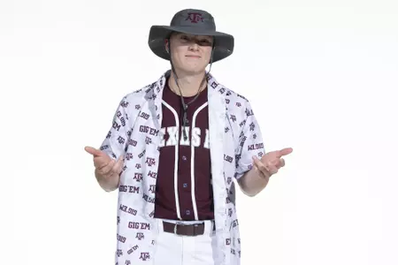 COLLEGE STATION, TX - January 12, 2022 - infielder/outfielder Jack Moss #9 of the Texas A&M Aggies during the Texas A&M Aggies 2022 Baseball Photo Day in The Studio in Kyle Field College Station, TX. Photo By Craig Bisacre/Texas A&M Athletics