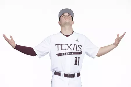COLLEGE STATION, TX - January 12, 2022 - infielder Austin Bost #11 of the Texas A&M Aggies during the Texas A&M Aggies 2022 Baseball Photo Day in The Studio in Kyle Field College Station, TX. Photo By Craig Bisacre/Texas A&M Athletics