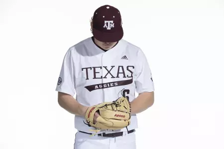 COLLEGE STATION, TX - January 12, 2022 - left hand pitcher Joseph Menefee #6 of the Texas A&M Aggies during the Texas A&M Aggies 2022 Baseball Photo Day in The Studio in Kyle Field College Station, TX. Photo By Craig Bisacre/Texas A&M Athletics