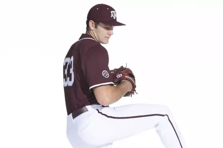 COLLEGE STATION, TX - January 12, 2022 - left hand pitcher Jacob Palisch #33 of the Texas A&M Aggies during the Texas A&M Aggies 2022 Baseball Photo Day in The Studio in Kyle Field College Station, TX. Photo By Craig Bisacre/Texas A&M Athletics