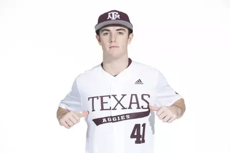 COLLEGE STATION, TX - January 12, 2022 - right hand pitcher Jack Hamilton #41 of the Texas A&M Aggies during the Texas A&M Aggies 2022 Baseball Photo Day in The Studio in Kyle Field College Station, TX. Photo By Craig Bisacre/Texas A&M Athletics