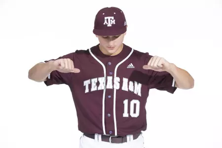 COLLEGE STATION, TX - January 12, 2022 - right hand pitcher Chris Cortez #10 of the Texas A&M Aggies during the Texas A&M Aggies 2022 Baseball Photo Day in The Studio in Kyle Field College Station, TX. Photo By Craig Bisacre/Texas A&M Athletics