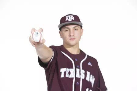 COLLEGE STATION, TX - January 12, 2022 - right hand pitcher Chris Cortez #10 of the Texas A&M Aggies during the Texas A&M Aggies 2022 Baseball Photo Day in The Studio in Kyle Field College Station, TX. Photo By Craig Bisacre/Texas A&M Athletics