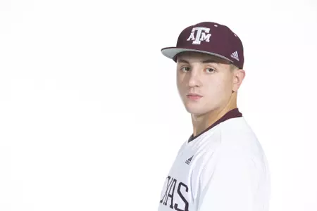 COLLEGE STATION, TX - January 12, 2022 - right hand pitcher Chris Cortez #10 of the Texas A&M Aggies during the Texas A&M Aggies 2022 Baseball Photo Day in The Studio in Kyle Field College Station, TX. Photo By Craig Bisacre/Texas A&M Athletics