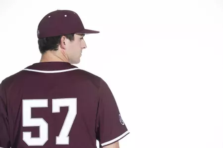 COLLEGE STATION, TX - January 12, 2022 - left hand pitcher Jonathan Childress #57 of the Texas A&M Aggies during the Texas A&M Aggies 2022 Baseball Photo Day in The Studio in Kyle Field College Station, TX. Photo By Craig Bisacre/Texas A&M Athletics