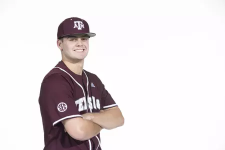 COLLEGE STATION, TX - January 12, 2022 - right hand pitcher Rawley Hector #5 of the Texas A&M Aggies during the Texas A&M Aggies 2022 Baseball Photo Day in The Studio in Kyle Field College Station, TX. Photo By Craig Bisacre/Texas A&M Athletics