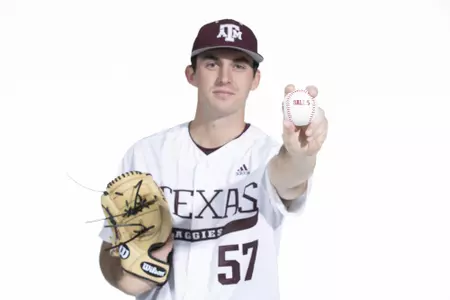 COLLEGE STATION, TX - January 12, 2022 - left hand pitcher Jonathan Childress #57 of the Texas A&M Aggies during the Texas A&M Aggies 2022 Baseball Photo Day in The Studio in Kyle Field College Station, TX. Photo By Craig Bisacre/Texas A&M Athletics