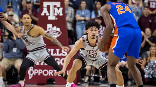 COLLEGE STATION, TX - February 15, 2022 - Guard Andre Gordon #20 of the Texas A&M Aggies during the Men's Basketball game between the Florida Gators and the Texas A&M Aggies at Reed Arena in College Station, TX. Photo By Craig Bisacre/Texas A&M Athletics