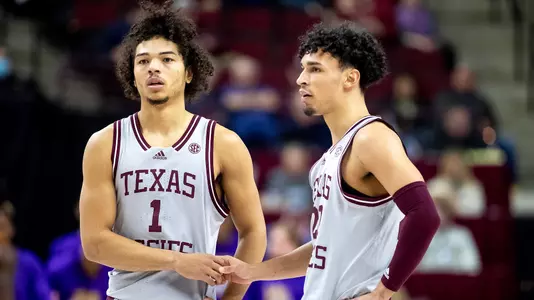COLLEGE STATION, TX - February 08, 2022 - Guard Marcus Williams #1 of the Texas A&M Aggies and Guard Andre Gordon #20 of the Texas A&M Aggies during the game between the LSU Tigers and the Texas A&M Aggies at Reed Arena in College Station, TX. Photo By Craig Bisacre/Texas A&M Athletics