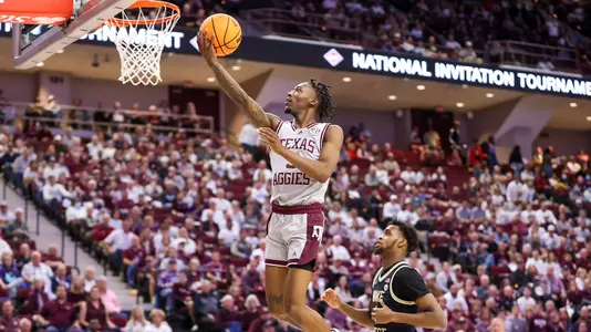 COLLEGE STATION, TX - March 23, 2022 - Guard Quenton Jackson #3 of the Texas A&M Aggies during the Men's Basketball game between the Wake Forest Demon Deacons and the Texas A&M Aggies at Reed Arena in College Station, TX. Photo By Aiden Shertzer/Texas A&M Athletics