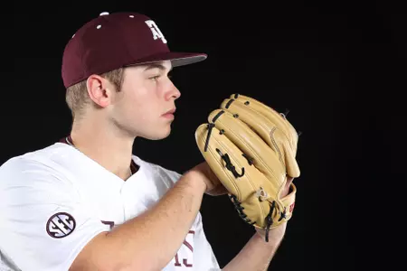 COLLEGE STATION, TX - January 12, 2022 - Pitcher Brad Rudis #32 of the Texas A&M Aggies during Texas A&M Aggies Baseball photo day in College Station, TX. Photo By Craig Bisacre/Texas A&M Athletics