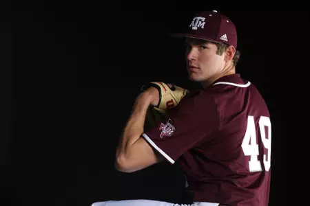 COLLEGE STATION, TX - January 12, 2022 - Pitcher Walker Zander #49 of the Texas A&M Aggies during Texas A&M Aggies Baseball photo day in College Station, TX. Photo By Craig Bisacre/Texas A&M Athletics