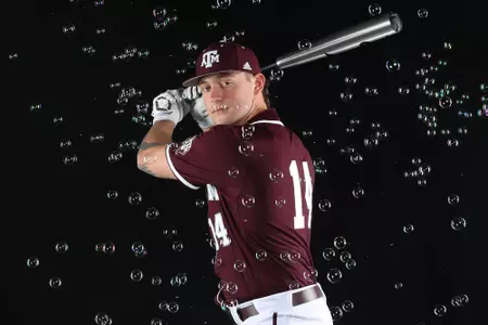 COLLEGE STATION, TX - January 12, 2022 - Catcher Taylor Smith #14 of the Texas A&M Aggies during Texas A&M Aggies Baseball photo day in College Station, TX. Photo By Craig Bisacre/Texas A&M Athletics