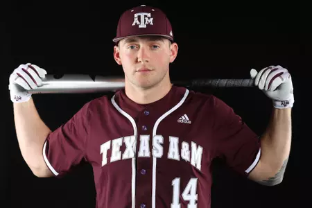 COLLEGE STATION, TX - January 12, 2022 - Catcher Taylor Smith #14 of the Texas A&M Aggies during Texas A&M Aggies Baseball photo day in College Station, TX. Photo By Craig Bisacre/Texas A&M Athletics