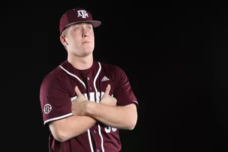 COLLEGE STATION, TX - January 12, 2022 - Catcher Chanden Scamardo #50 of the Texas A&M Aggies during Texas A&M Aggies Baseball photo day in College Station, TX. Photo By Craig Bisacre/Texas A&M Athletics