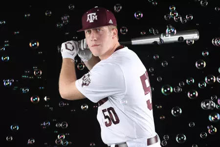 COLLEGE STATION, TX - January 12, 2022 - Catcher Chanden Scamardo #50 of the Texas A&M Aggies during Texas A&M Aggies Baseball photo day in College Station, TX. Photo By Craig Bisacre/Texas A&M Athletics