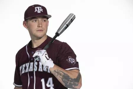 COLLEGE STATION, TX - January 12, 2022 - catcher Taylor Smith #14 of the Texas A&M Aggies during the Texas A&M Aggies 2022 Baseball Photo Day in The Studio in Kyle Field College Station, TX. Photo By Craig Bisacre/Texas A&M Athletics