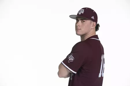 COLLEGE STATION, TX - January 12, 2022 - infielder Ryan Targac #16 of the Texas A&M Aggies during the Texas A&M Aggies 2022 Baseball Photo Day in The Studio in Kyle Field College Station, TX. Photo By Craig Bisacre/Texas A&M Athletics