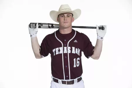 COLLEGE STATION, TX - January 12, 2022 - infielder Ryan Targac #16 of the Texas A&M Aggies during the Texas A&M Aggies 2022 Baseball Photo Day in The Studio in Kyle Field College Station, TX. Photo By Craig Bisacre/Texas A&M Athletics