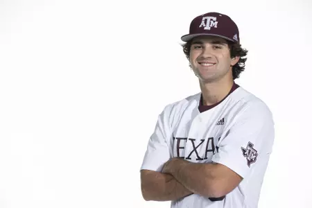 COLLEGE STATION, TX - January 12, 2022 - infielder Austin Stracener #0 of the Texas A&M Aggies during the Texas A&M Aggies 2022 Baseball Photo Day in The Studio in Kyle Field College Station, TX. Photo By Craig Bisacre/Texas A&M Athletics