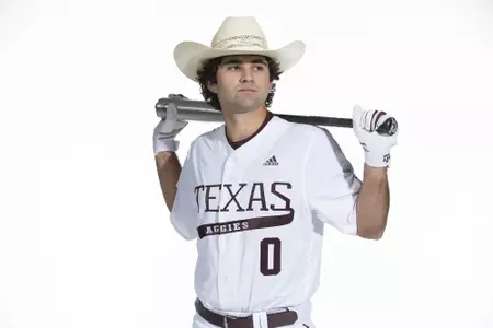COLLEGE STATION, TX - January 12, 2022 - infielder Austin Stracener #0 of the Texas A&M Aggies during the Texas A&M Aggies 2022 Baseball Photo Day in The Studio in Kyle Field College Station, TX. Photo By Craig Bisacre/Texas A&M Athletics