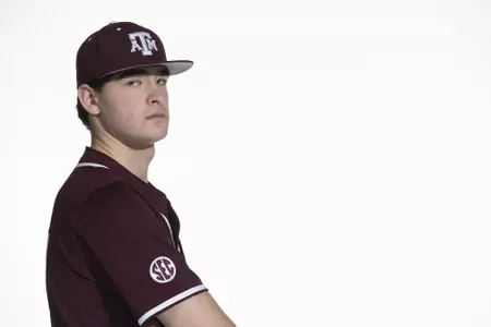 COLLEGE STATION, TX - January 12, 2022 - right hand pitcher Ty Sexton #37 of the Texas A&M Aggies during the Texas A&M Aggies 2022 Baseball Photo Day in The Studio in Kyle Field College Station, TX. Photo By Craig Bisacre/Texas A&M Athletics