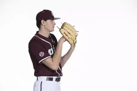 COLLEGE STATION, TX - January 12, 2022 - right hand pitcher Ty Sexton #37 of the Texas A&M Aggies during the Texas A&M Aggies 2022 Baseball Photo Day in The Studio in Kyle Field College Station, TX. Photo By Craig Bisacre/Texas A&M Athletics