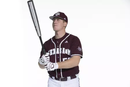COLLEGE STATION, TX - January 12, 2022 - catcher Chanden Scamardo #50 of the Texas A&M Aggies during the Texas A&M Aggies 2022 Baseball Photo Day in The Studio in Kyle Field College Station, TX. Photo By Craig Bisacre/Texas A&M Athletics