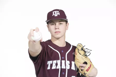COLLEGE STATION, TX - January 12, 2022 - right hand pitcher Brad Rudis #32 of the Texas A&M Aggies during the Texas A&M Aggies 2022 Baseball Photo Day in The Studio in Kyle Field College Station, TX. Photo By Craig Bisacre/Texas A&M Athletics