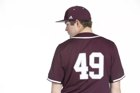 COLLEGE STATION, TX - January 12, 2022 - right hand pitcher Walker Zander #49 of the Texas A&M Aggies during the Texas A&M Aggies 2022 Baseball Photo Day in The Studio in Kyle Field College Station, TX. Photo By Craig Bisacre/Texas A&M Athletics