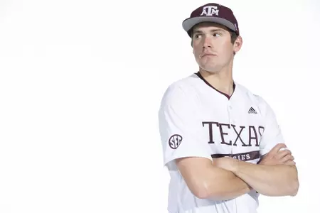 COLLEGE STATION, TX - January 12, 2022 - right hand pitcher Walker Zander #49 of the Texas A&M Aggies during the Texas A&M Aggies 2022 Baseball Photo Day in The Studio in Kyle Field College Station, TX. Photo By Craig Bisacre/Texas A&M Athletics