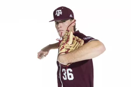 COLLEGE STATION, TX - January 12, 2022 - right hand pitcher Wyatt Tucker #36 of the Texas A&M Aggies during the Texas A&M Aggies 2022 Baseball Photo Day in The Studio in Kyle Field College Station, TX. Photo By Craig Bisacre/Texas A&M Athletics
