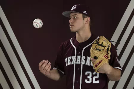 COLLEGE STATION, TX - January 12, 2022 - Pitcher Brad Rudis #32 of the Texas A&M Aggies during the Texas A&M Aggies 2022 Baseball Photo Day in The Studio in Kyle Field in College Station, TX. Photo By Craig Bisacre/Texas A&M Athletics