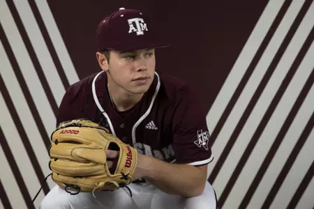 COLLEGE STATION, TX - January 12, 2022 - Pitcher Brad Rudis #32 of the Texas A&M Aggies during the Texas A&M Aggies 2022 Baseball Photo Day in The Studio in Kyle Field in College Station, TX. Photo By Craig Bisacre/Texas A&M Athletics