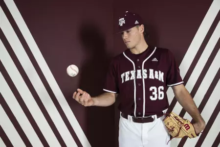 COLLEGE STATION, TX - January 12, 2022 - Pitcher Wyatt Tucker #36 of the Texas A&M Aggies during the Texas A&M Aggies 2022 Baseball Photo Day in The Studio in Kyle Field in College Station, TX. Photo By Craig Bisacre/Texas A&M Athletics