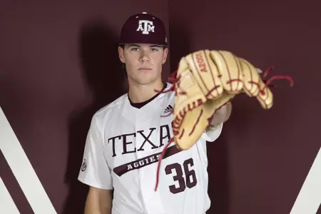 COLLEGE STATION, TX - January 12, 2022 - Pitcher Wyatt Tucker #36 of the Texas A&M Aggies during the Texas A&M Aggies 2022 Baseball Photo Day in The Studio in Kyle Field in College Station, TX. Photo By Craig Bisacre/Texas A&M Athletics