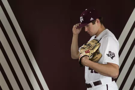 COLLEGE STATION, TX - January 12, 2022 - Pitcher Walker Zander #49 of the Texas A&M Aggies during the Texas A&M Aggies 2022 Baseball Photo Day in The Studio in Kyle Field in College Station, TX. Photo By Craig Bisacre/Texas A&M Athletics