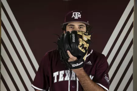 COLLEGE STATION, TX - January 12, 2022 - Infielder Austin Stracener #0 of the Texas A&M Aggies during the Texas A&M Aggies 2022 Baseball Photo Day in The Studio in Kyle Field in College Station, TX. Photo By Craig Bisacre/Texas A&M Athletics