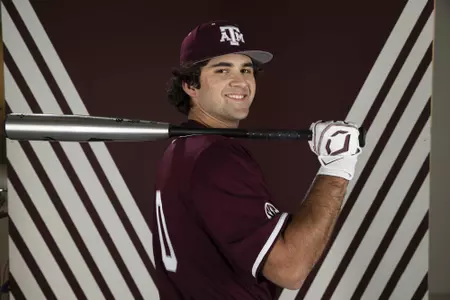 COLLEGE STATION, TX - January 12, 2022 - Infielder Austin Stracener #0 of the Texas A&M Aggies during the Texas A&M Aggies 2022 Baseball Photo Day in The Studio in Kyle Field in College Station, TX. Photo By Craig Bisacre/Texas A&M Athletics