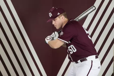 COLLEGE STATION, TX - January 12, 2022 - Catcher Chanden Scamardo #50 of the Texas A&M Aggies during the Texas A&M Aggies 2022 Baseball Photo Day in The Studio in Kyle Field in College Station, TX. Photo By Craig Bisacre/Texas A&M Athletics