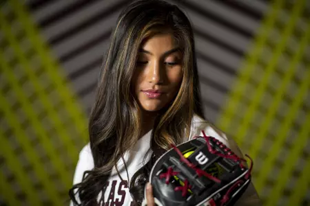 COLLEGE STATION, TX - January 20, 2022 - Infielder Mariana Torres #13 of the Texas A&M Aggies during Softball Photo Day in College Station, TX. Photo By Craig Bisacre/Texas A&M Athletics