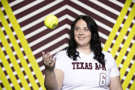COLLEGE STATION, TX - January 20, 2022 - Pitcher Kayla Poynter #6 of the Texas A&M Aggies  during Texas A&M Aggies Softball photo day in College Station, TX. Photo By Kate Luffman/Texas A&M Athletics