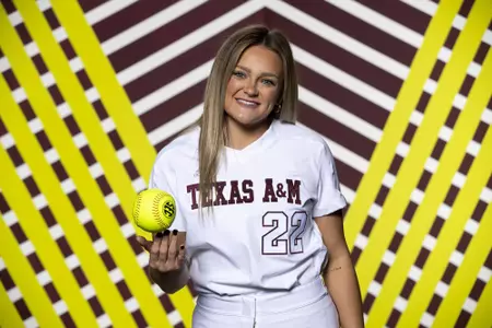 COLLEGE STATION, TX - January 20, 2022 - Infielder Cayden Baker #22 of the Texas A&M Aggies during Texas A&M Aggies Softball photo day in College Station, TX. Photo By Kate Luffman/Texas A&M Athletics