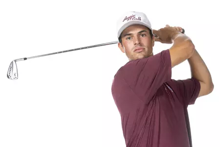 COLLEGE STATION, TX - August 26, 2021 - Evan Myers of the Texas A&M Aggies during Texas A&M Golf Photo Day at The Studio in Kyle Field in College Station, TX. Photo By Brendall O'Banon/Texas A&M Athletics