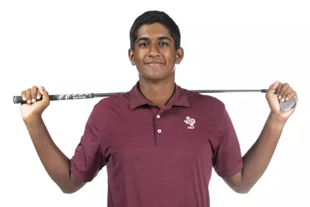 COLLEGE STATION, TX - August 26, 2021 - Vishnu Sadagopan of the Texas A&M Aggies during Texas A&M Golf Photo Day at The Studio in Kyle Field in College Station, TX. Photo By Brendall O'Banon/Texas A&M Athletics